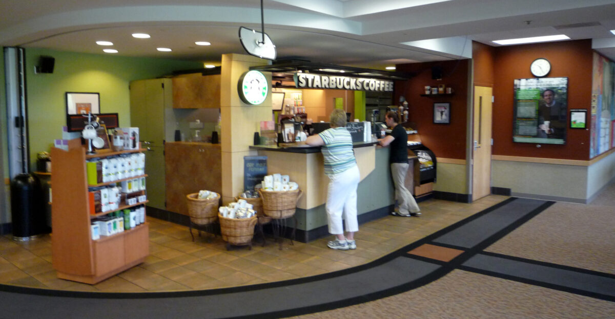 Starbucks in the Learning Resource Center Northern Michigan University Marquette Michigan USA This location is notable because Howard Schultz the longtime CEO of Starbucks picture in the poster at right is an alumnus of the university It was the first Starbucks in Michigan s Upper Peninsula