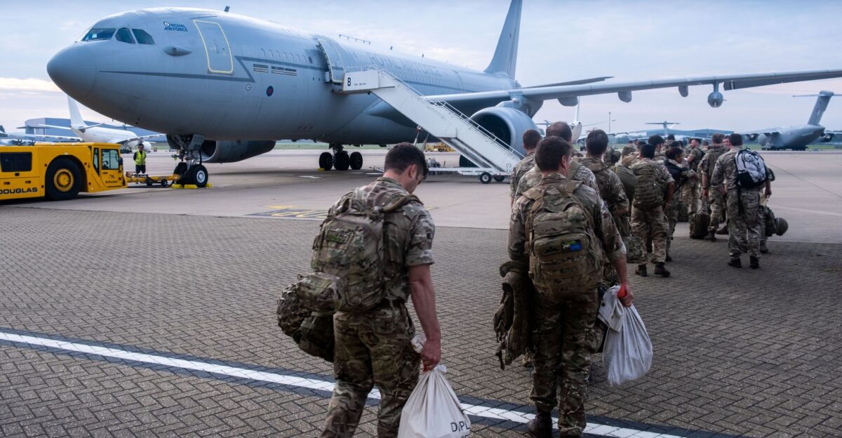 Personnel are deploying on a Royal Air Force RAF Voyager at RAF Brize Norton to assist with the drawdown of British nationals in Afghanistan