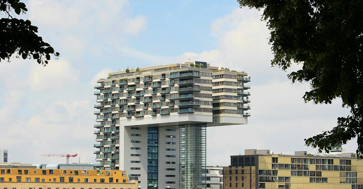 Kranhaus in Cologne Germany showcases modern architecture along the Rhine River