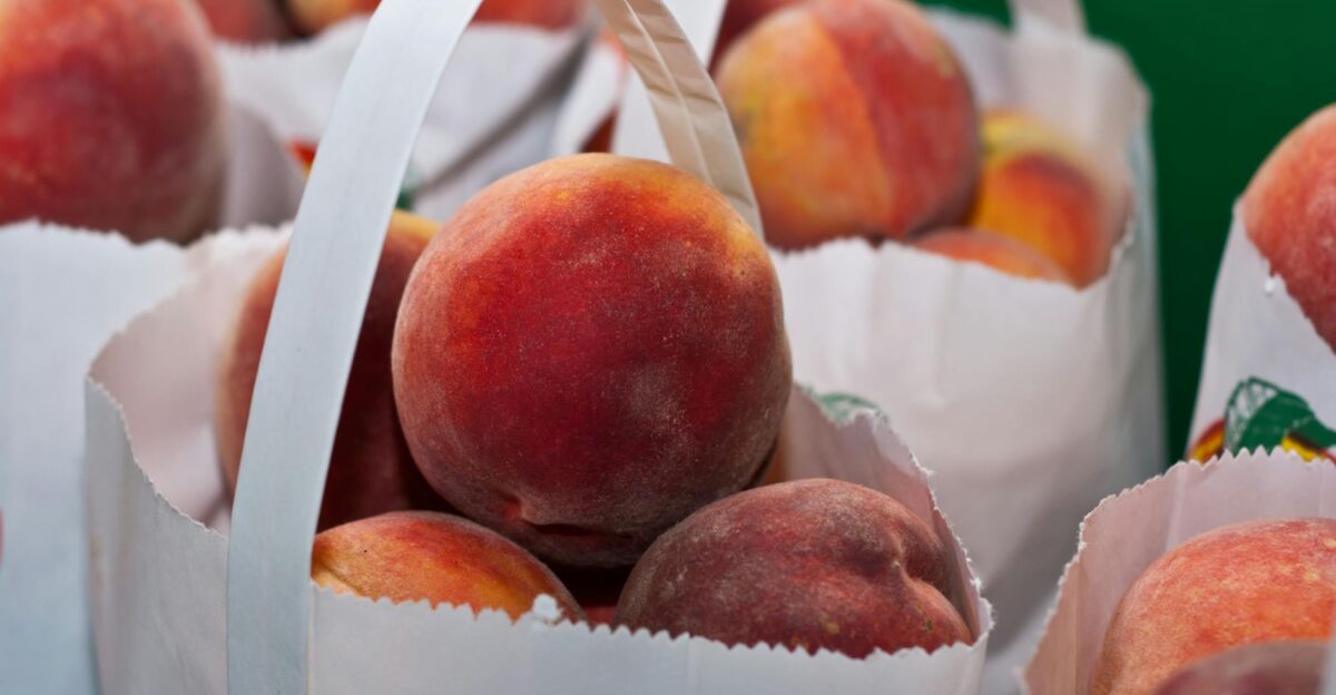 Ripe juicy peaches in paper bags highlighting freshness and healthy eating