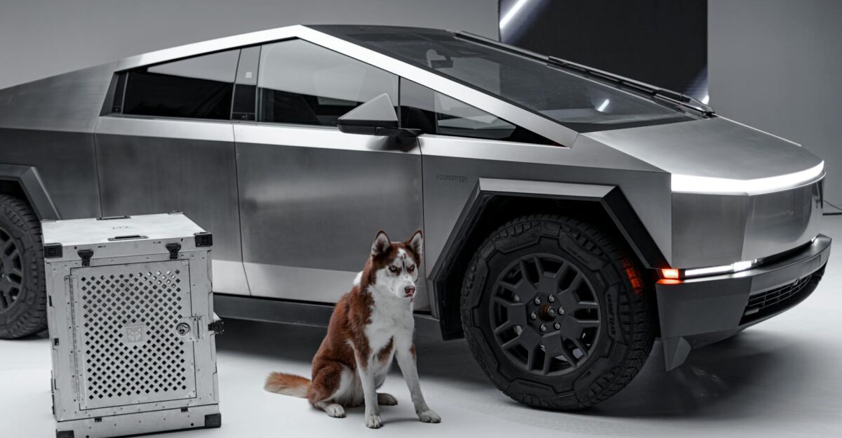Sleek Cybertruck and Siberian Husky beside a sturdy dog crate studio setting