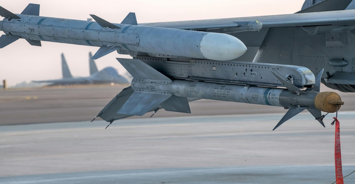 Detailed view of a military missile mounted on an aircraft wing at an airbase in Bengaluru.