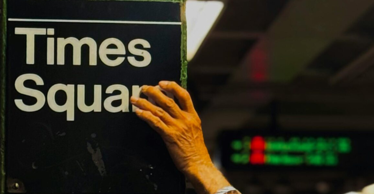 People in Times Square subway station, New York City, showcasing urban transit life.