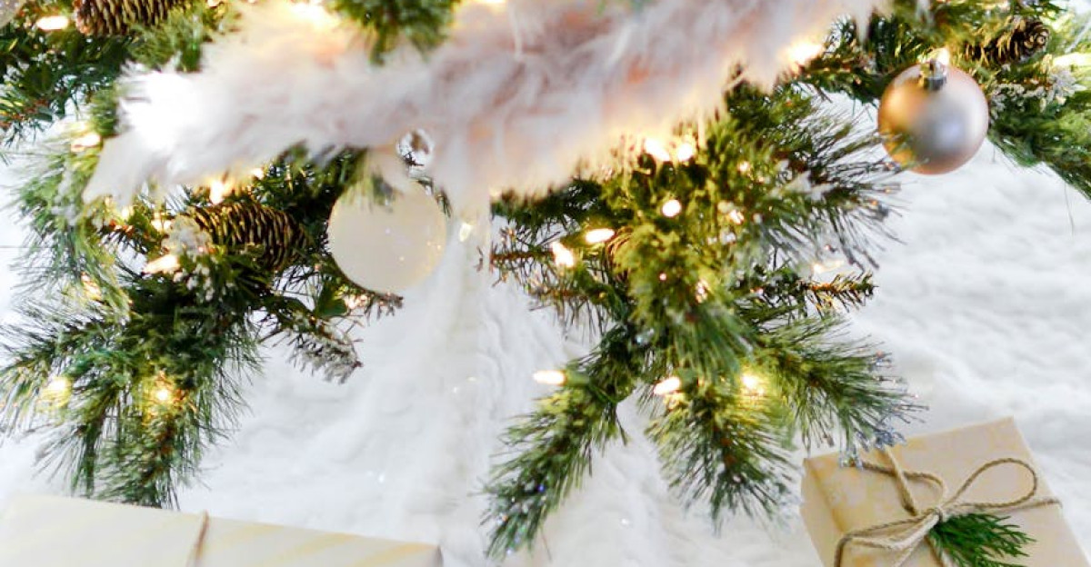 Beautifully wrapped Christmas gifts under a festive tree with glowing lights