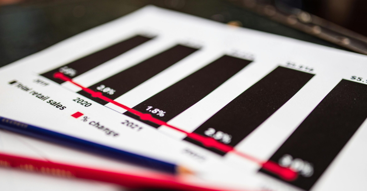 Close-up of a financial report showing sales data with dramatic depth of field.