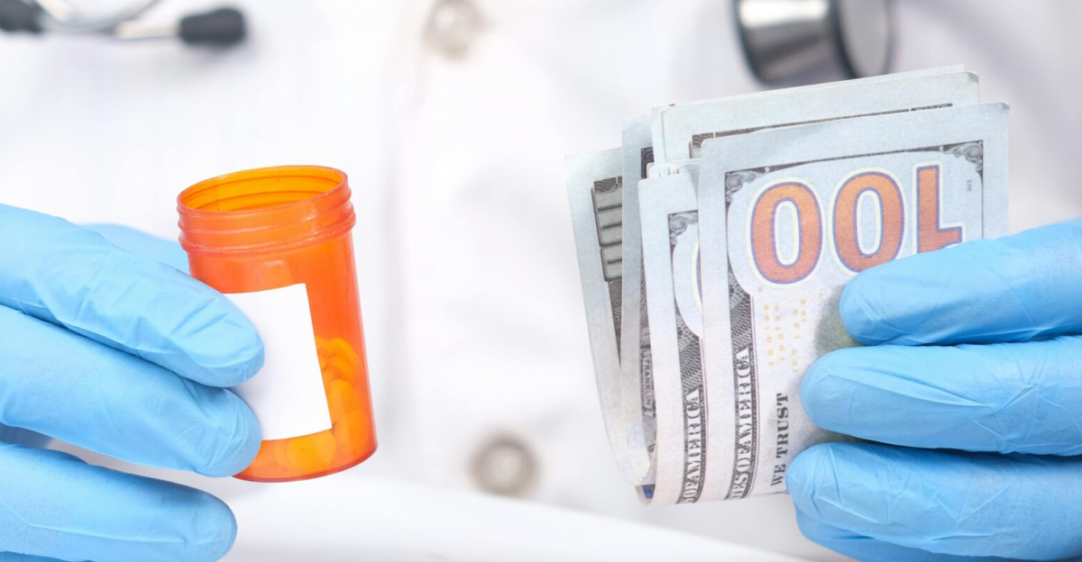 Doctor in gloves holding pill bottle and cash, highlighting medical expenses.