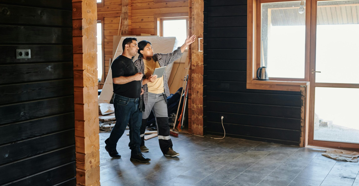 Two adults discussing home renovation in a partially constructed modern wooden interior.