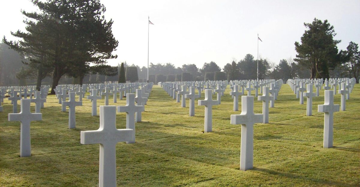 A serene military cemetery with rows of white crosses under sunlight symbolizing remembrance