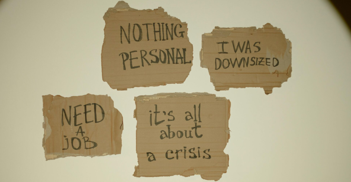 Cardboard signs convey job loss and economic crisis message, ideal for articles on unemployment.