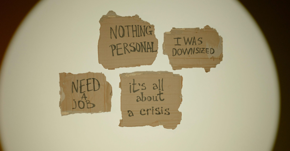 Cardboard signs convey job loss and economic crisis message, ideal for articles on unemployment.