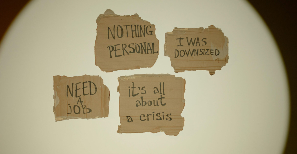 Cardboard signs convey job loss and economic crisis message, ideal for articles on unemployment.