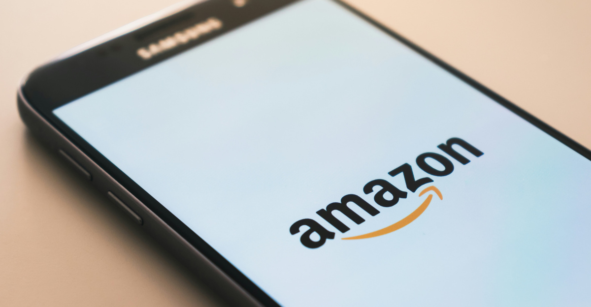 black Samsung Galaxy smartphone displaying Amazon logo