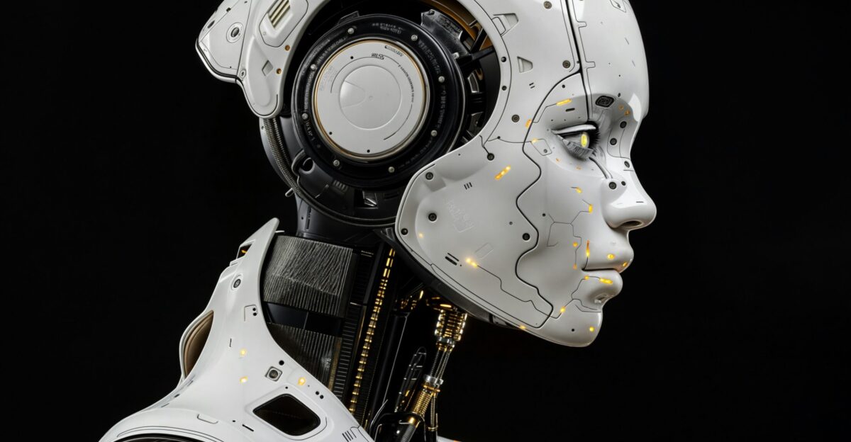 A white robot is standing in front of a black background