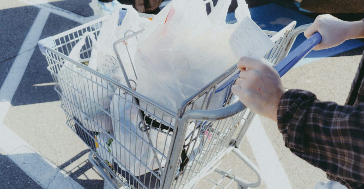 A person pushing a shopping cart full of bags