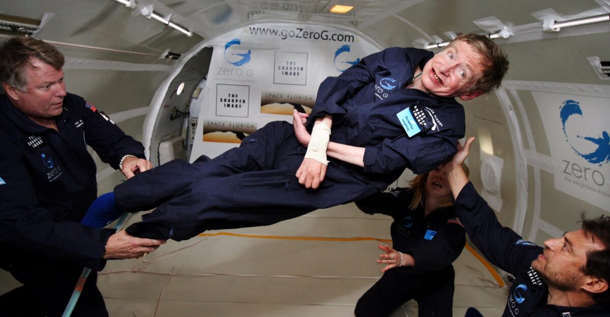 Noted physicist Stephen Hawking center enjoys zero gravity during a flight aboard a modified Boeing 727 aircraft owned by Zero Gravity Corp Zero G Hawking who suffered from amyotrophic lateral sclerosis also known as Lou Gehrig s disease is being rotated in air by right Peter Diamandis founder of the Zero G Corp and left Byron Lichtenberg former shuttle payload specialist and now president of Zero G Kneeling below Hawking is Nicola O Brien a nurse practitioner who was Hawking s aide At the celebration of his 65th birthday on January 8 2007 Hawking announced his plans for a zero-gravity flight to prepare for a sub-orbital space flight in 2009 on Virgin Galactic s space service