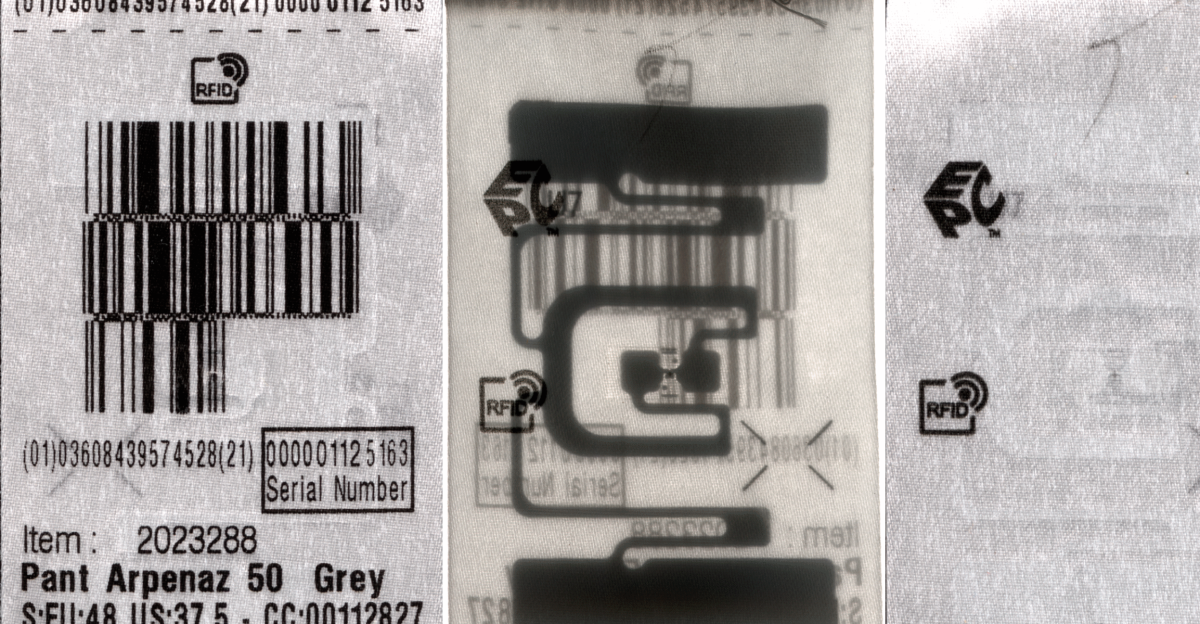 Sewn-in RFID label in garment manufactured by the French sports supplier Decathlon. Front, back, and transparency scan.