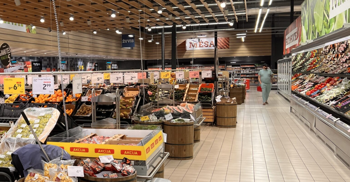 Produce section in Rimi supermarket at Mega mall in Kaunas, Lithuania.