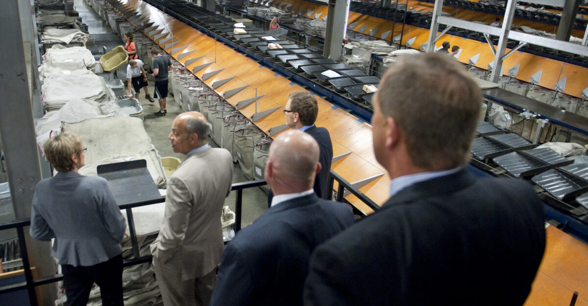 LOUISVILLE Ky - Secretary of Homeland Security Jeh Johnson tours the UPS Worldport Facility in Louisville on July 30 2014 Worldport is the largest fully automated package handling facility in the world The operation currently turns over approximately 130 aircraft daily processing an average of 1 6 million packages a day Official DHS photo by Barry Bahler