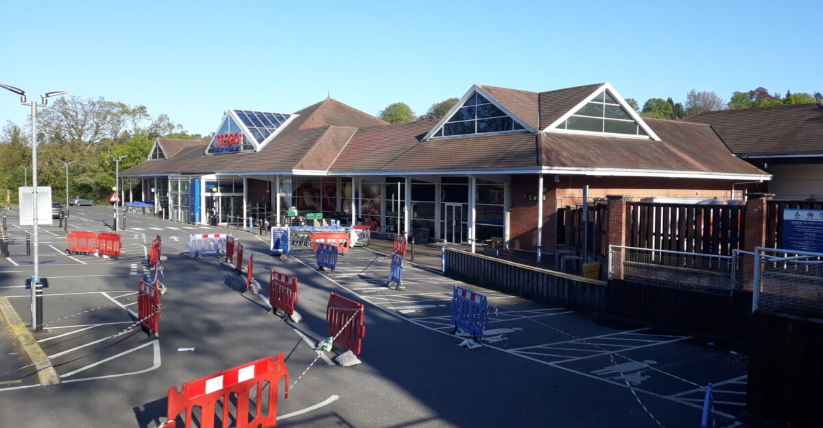 Shottermill Surrey during the COVID-19 lockdown Haslemere Surrey England Tesco with social distancing barriers after closing time