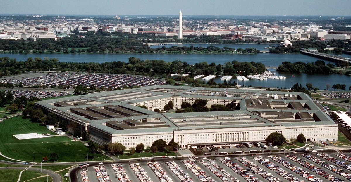 The Pentagon looking northeast with the Potomac River and Washington Monument in the distance The Tidal Basin is seen just below the Washington Monument The marina which is visible is in Pentagon Lagoon which is part of the Boundary Channel of the Potomac River Trees border the Boundary Channel and exist both on the Virginia shoreline and on Columbia Island an island in the Potomac River