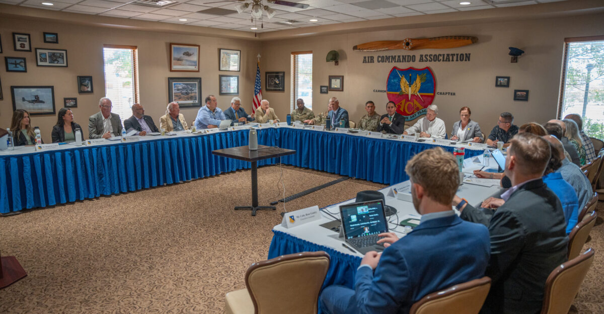 Members of the New Mexico Military Base Planning Commission and 27th Special Operations Wing leadership attend a meeting at Cannon Air Force Base New Mexico July 8 2025 The meeting covered updates on current initiatives planning for future projects and a discussion of ongoing legislative topics U S Air Force photo by Senior Airman Sarah Gottschling