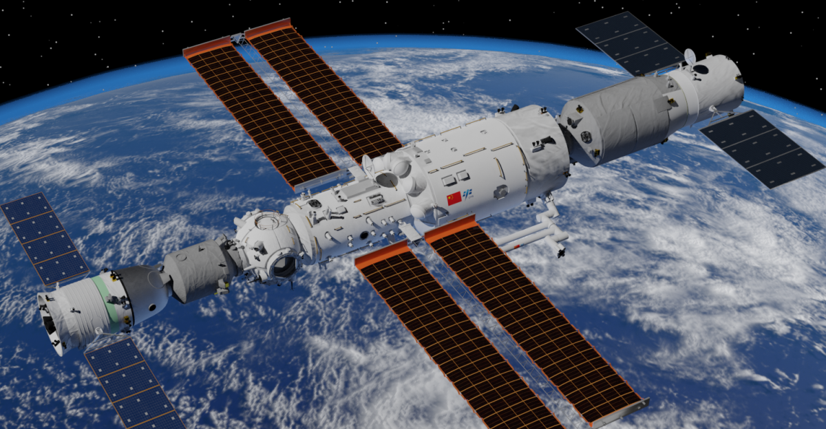 Rendering of Tiangong Space Station in August 2021, with Tianhe core module in the middle, Shenzhou-12 crewed spacecraft on the left, and Tianzhou-2 cargo spacecraft on the right.