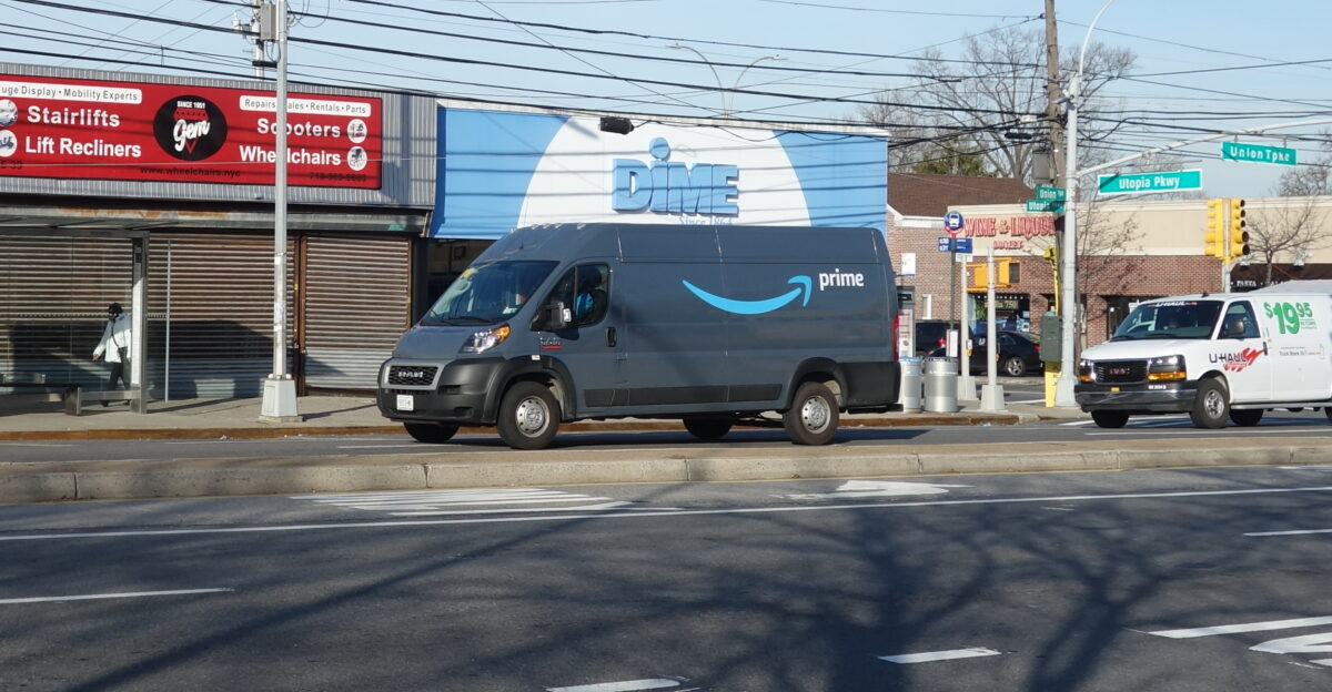 A Ram ProMaster Amazon Prime delivery van traveling west on Union Turnpike at Utopia Parkway in Fresh Meadows Queens Note that this generation of Ram vehicles simply are badged as RAM doing away with the classic Dodge Ram logo