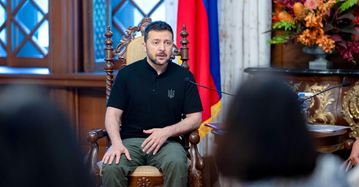 Ukrainian President Volodymyr Zelenskyy speaks at the Malaca ang Palace in Manila Philippines on 3 June 2024