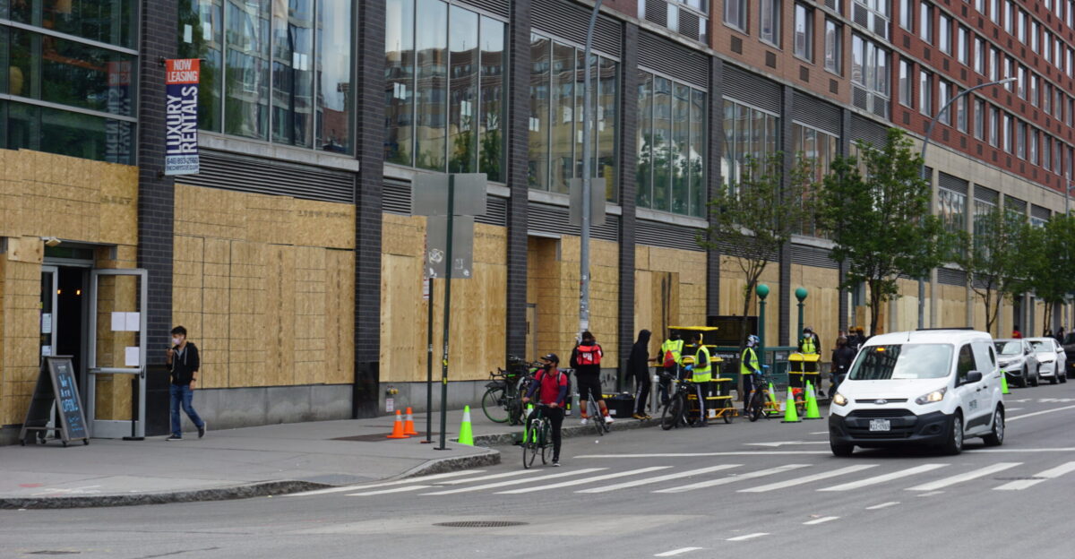 Whole Foods Location on Houston Street NYC boarded up in fears of violence and looting prior to BLM protests in June 2020 This was taken on June 2nd