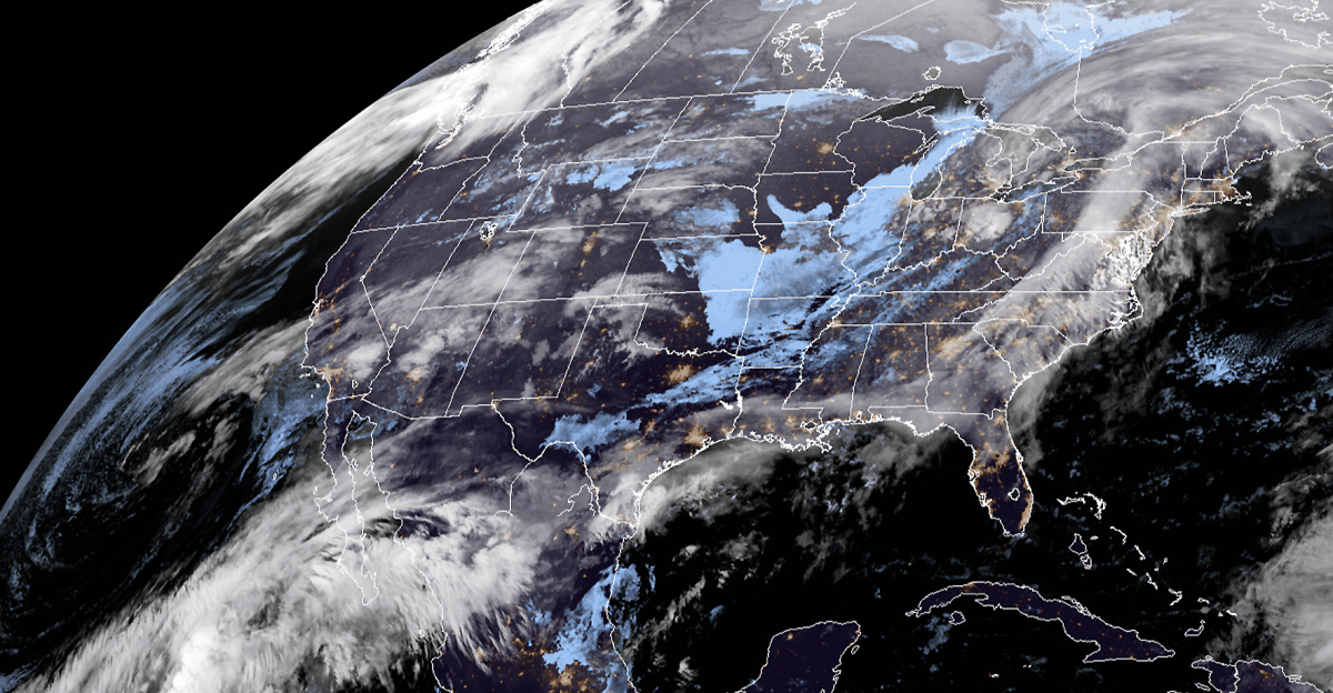 On March 10, 2020, the GOES-East satellite viewed an atmospheric river (or AR) flowing up from the South Pacific, across the Gulf of Mexico and into the U.S. As a result, much of the eastern and southeastern United States will see chances for precipitation , through Wednesday morning.
<p>While ARs usually bring heavy rain to the West Coast of the U.S., this particular AR is setting up farther south over the Baja California Peninsula of Mexico. A cold front pushing southeastward from the Great Lakes is helping to funnel the AR moisture north and eastward. As a result, the weather around the lower Mississippi River Valley will be affected, compounding the recent wet winter and flooding concerns , as well as reinforcing the warmer-than-average temperatures in the region. According to the previously cited Feb. 2020 temperature departures, temperatures in the Southeast have deviated from the 1981–2010 historic normal by as much as 21 degrees Fahrenheit.
</p>
The GOES-East geostationary satellite, also known as GOES-16, keeps watch over most of North America, including the continental United States and Mexico, as well as Central and South America, the Caribbean, and the Atlantic Ocean to the west coast of Africa. The satellite's high-resolution imagery provides optimal viewing of severe weather events, including thunderstorms, tropical storms, and hurricanes.