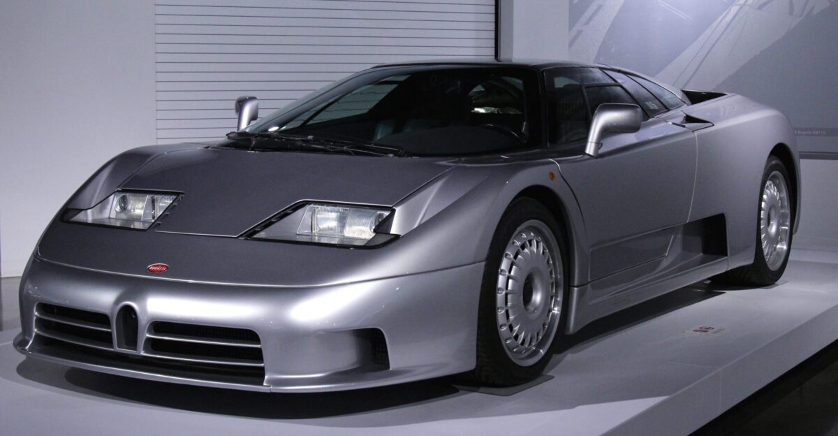 Revival of Bugatti Its 3 5 liter V-12 engine was fitted with four small turbochargers Production of the EB 110 coincided with the decline in the supercar market during the 1990s and just 126 were produced Petersen Automotive Museum Los Angeles California