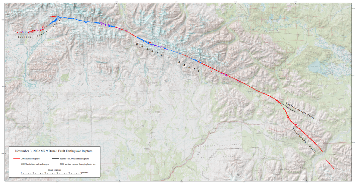 Map showing the extent of surface rupture during the 2002 Denali earthquake from USGS Data series 422