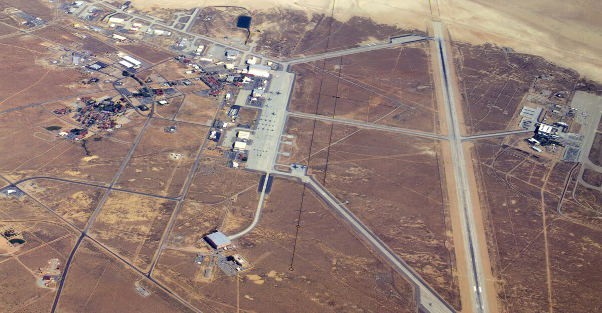 A pilot s view of Edwards Air Force Base in the Mojave Desert of Southern California Showing the main base area located next to Rogers Dry Lake