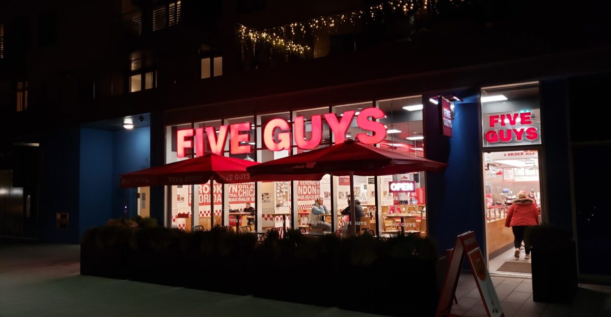 Five Guys Brighton Marina at night