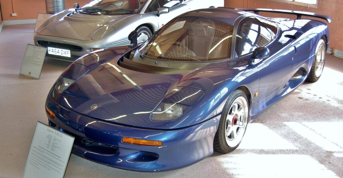 A pair of Jaguar supercars on display at the Fox Classic Car Collection Docklands Vic Australia In the foreground is a 1993 XJR-15 and in the background a 1993 XJ220