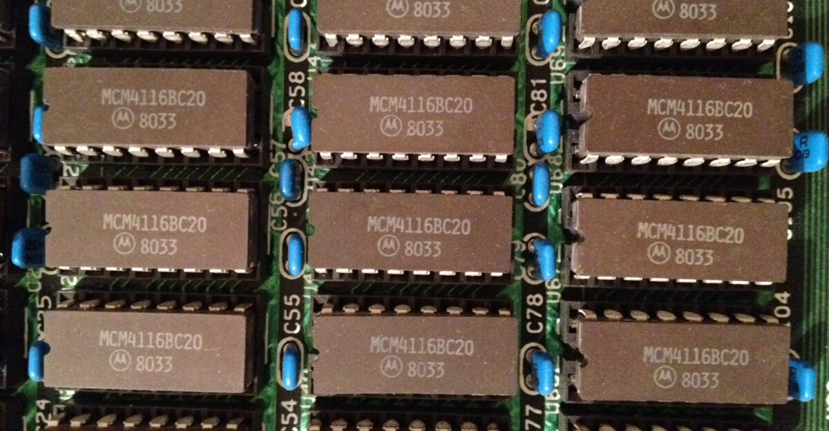 Array of Motorola 16 Kib dynamic random access memory chips circa 1981