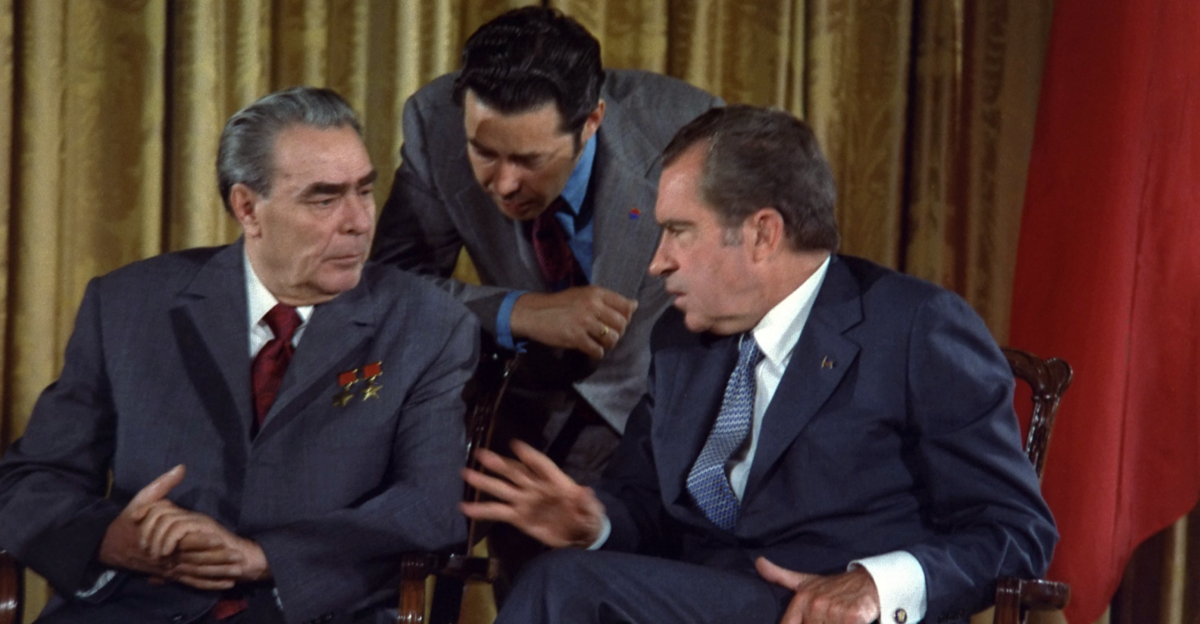 Richard Nixon right meets Leonid Brezhnev left June 19 1973 during the Soviet Leader s U S visit The interpreter is Viktor Sukhodrev