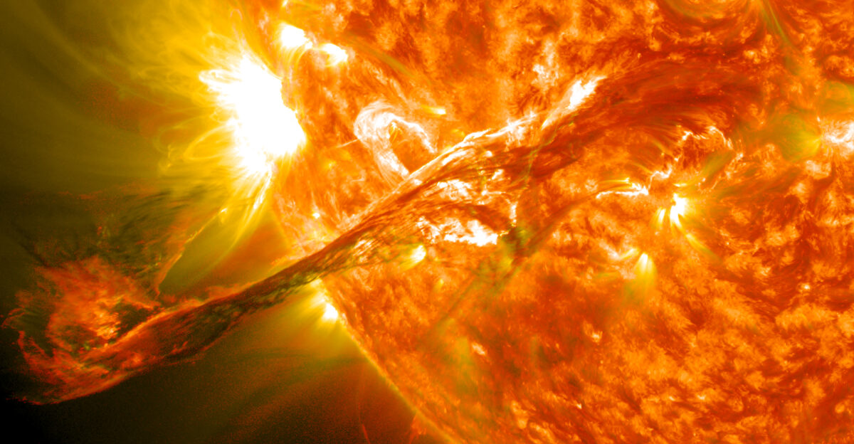 On August 31 2012 a long filament of solar material that had been hovering in the sun s atmosphere the corona erupted out into space at 4 36 p m EDT The coronal mass ejection or CME traveled at over 900 miles per second The CME did not travel directly toward Earth but did connect with Earth s magnetic environment or magnetosphere causing aurora to appear on the night of Monday September 3 Pictured here is a lighten blended version of the 304 and 171 angstrom wavelengths taken from the Solar Dynamics Observatory Cropped