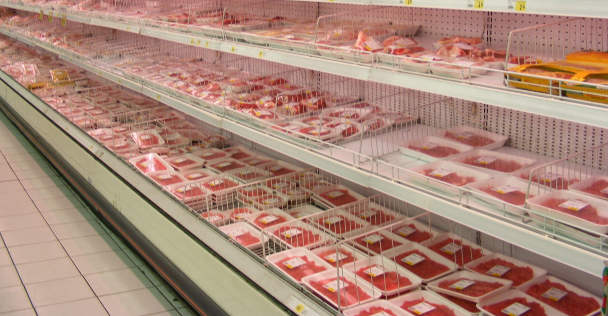 Meat packages in a supermarket.