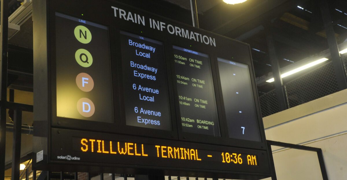Train information sign at Stillwell Avenue station in Brooklyn as MTA New York City Transit deals with the first snowstorm of the season on Tue December 10 2013 Train information board at Stillwell Terminal shows on-time performance Photo MTA New York City Transit Marc A Hermann