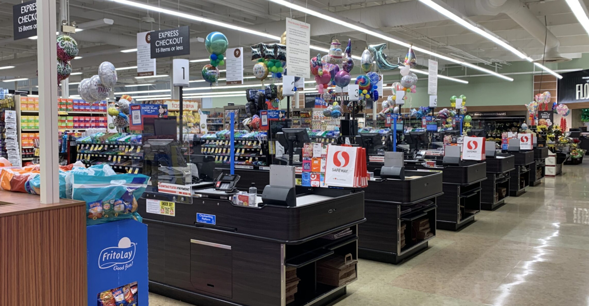 New checkout stands and Toshiba POS systems at a freshly remodeled Safeway. The store was closed for the night, which is why most of the registers are turned off.