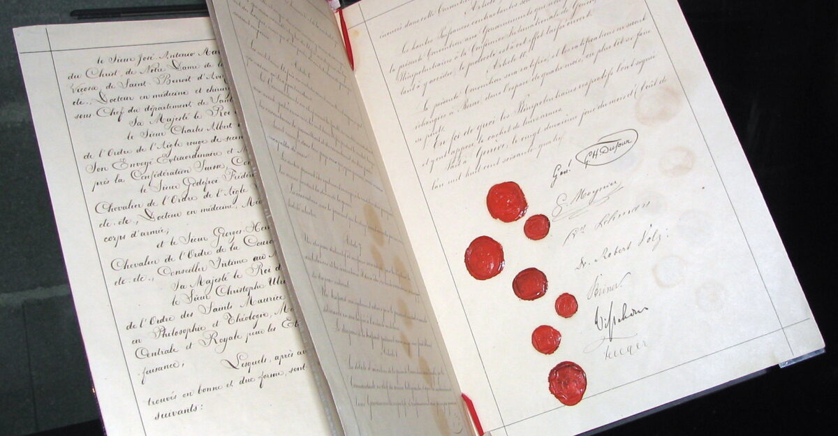 Facsimile of the original first Geneva Convention from 1864 on loan to the International Red Cross and Red Crescent Museum in Geneva Switzerland
