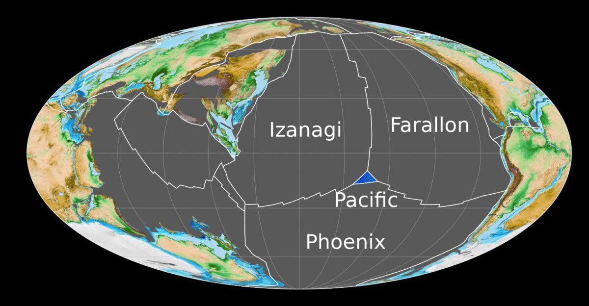 million years ago the Pacific Plate was created at the triple junction that separated the three major plates of the Panthalassa Ocean Mollweide projection View centred on 180 180 Made in GPlates using the following datasets 1 Matthews K J Maloney K T Zahirovic S Williams S E Seton M and M ller R D 2016 Global plate boundary evolution and kinematics since the late Paleozoic Global and Planetary Change Vol 146 226-250 Amante C and Eakins B W 2009 ETOPO1 1 Arc-Minute Global Relief Model Procedures Data Sources and Analysis NOAA Technical Memorandum NESDIS