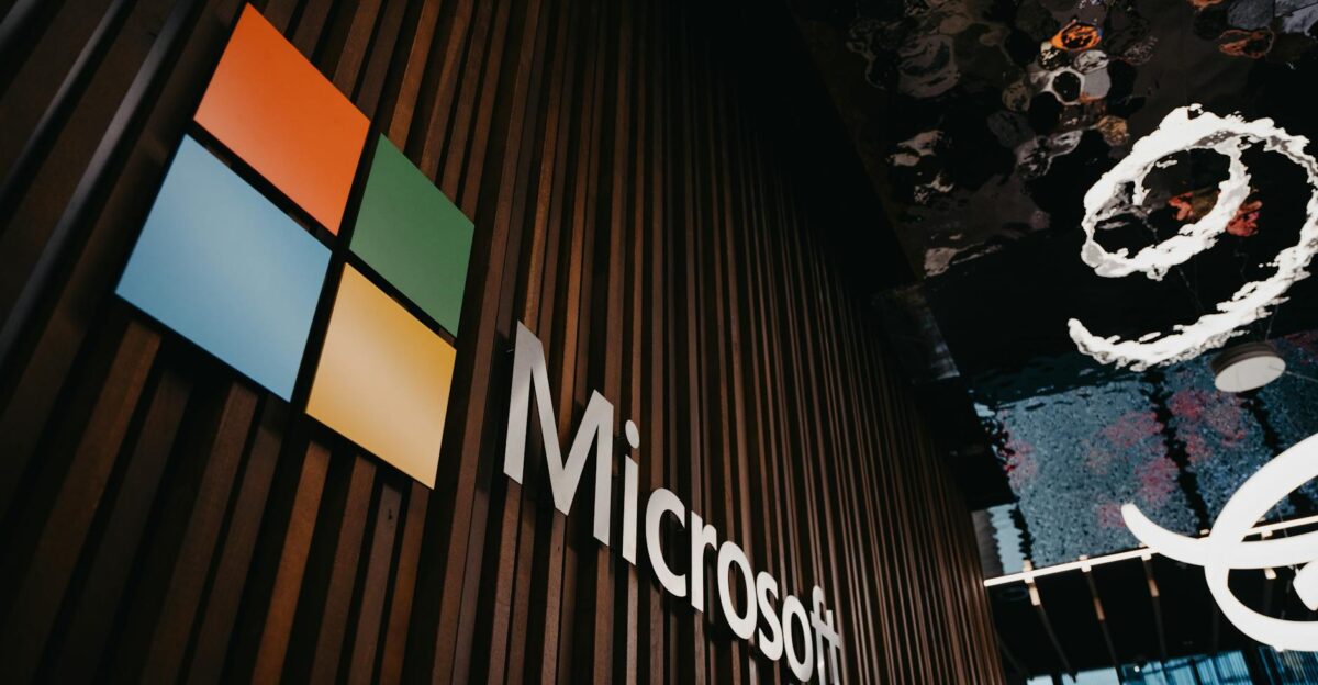 Interior view of Microsoft office with logo on wooden wall in Brussels Belgium