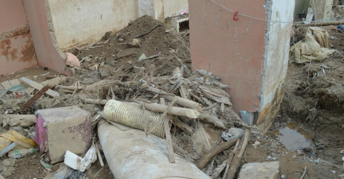Interior of a building in Mocoa Colombia showing debris after a natural disaster