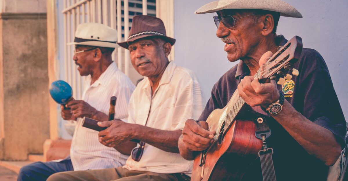 A lively street performance by elderly musicians in Cuba showcasing traditional rhythms and instruments
