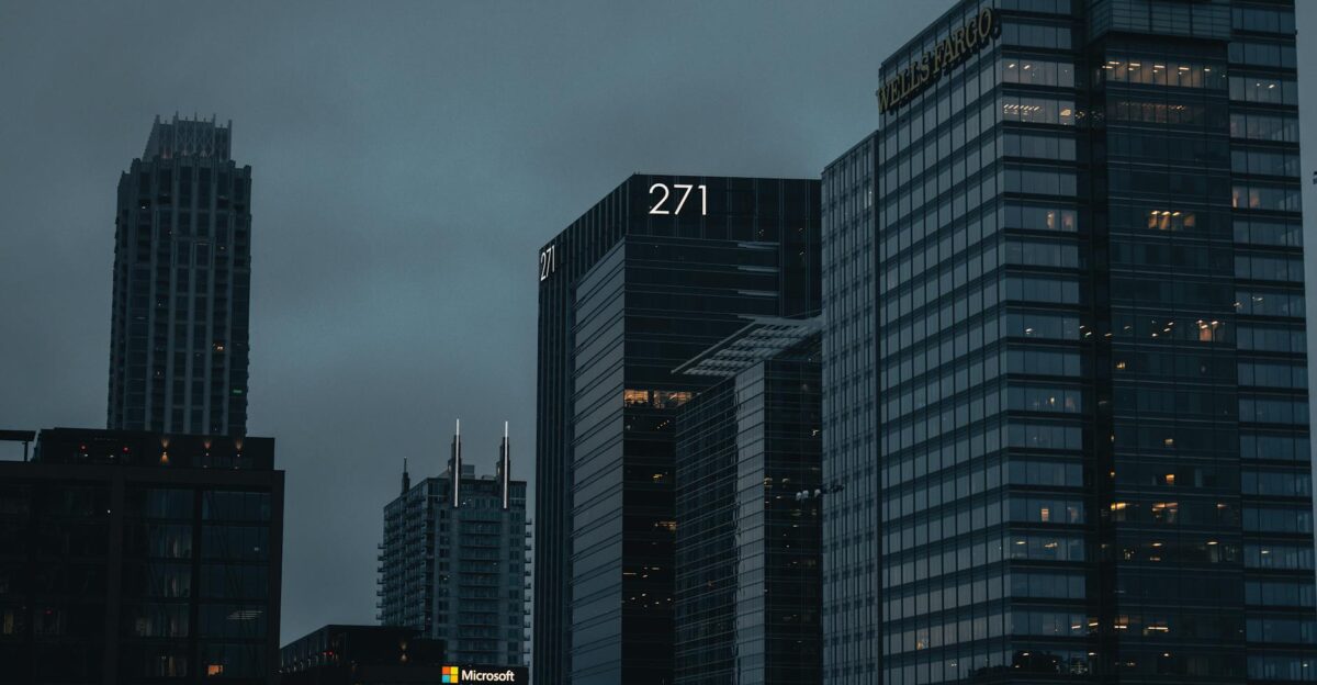 Urban evening skyline with towering architecture in Atlanta Georgia exuding a dark moody atmosphere