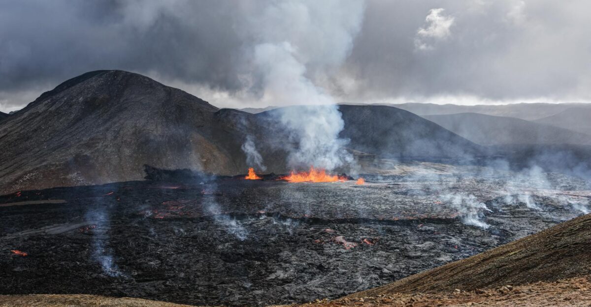 Captivating image of an active volcanic eruption with smoke and lava flow