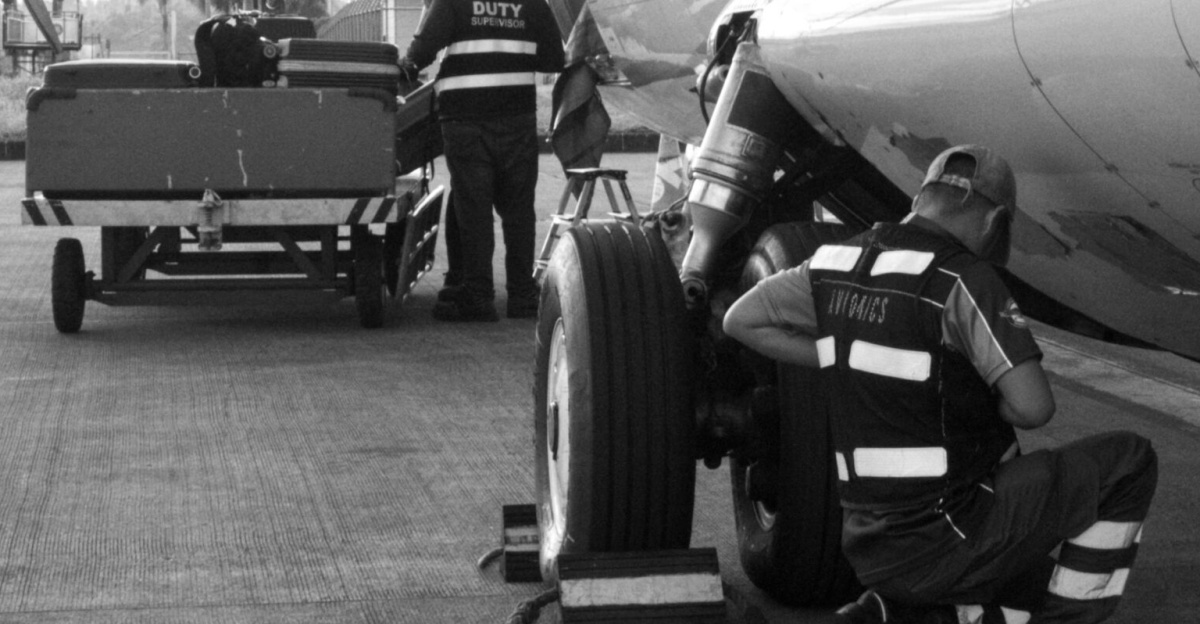Black and white photo of a ground crew performing aircraft maintenance on the tarmac.