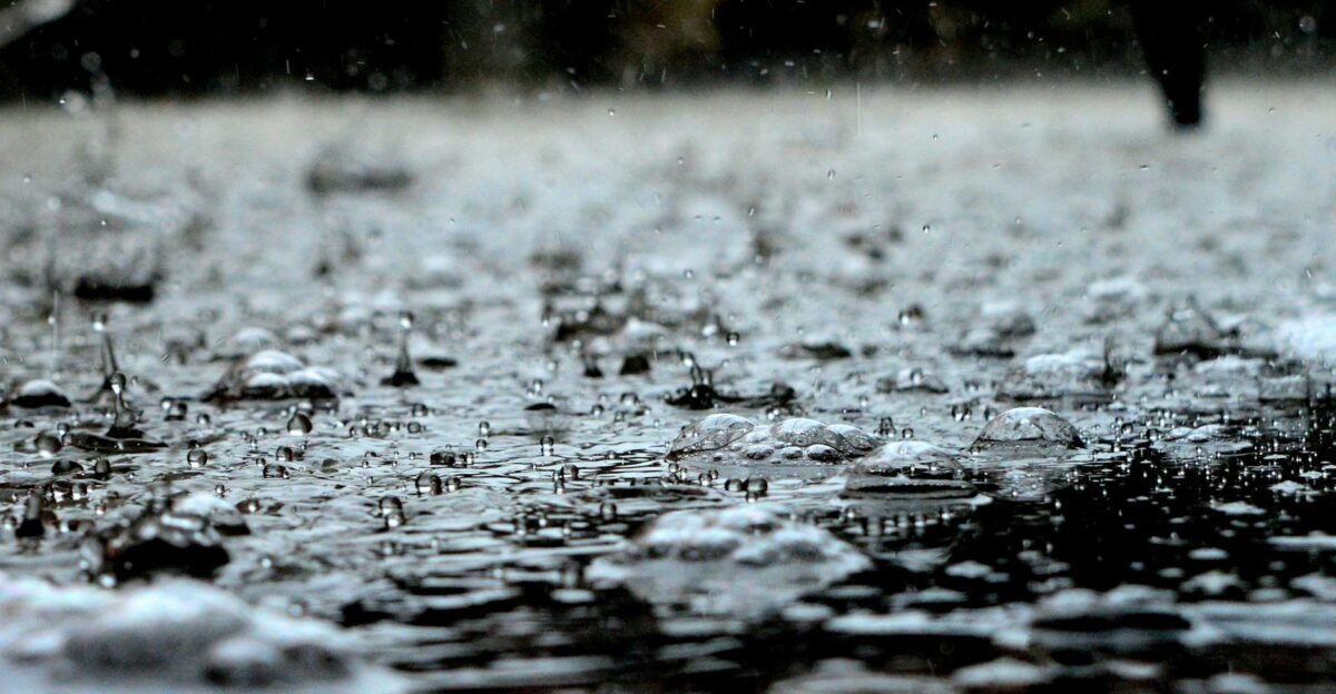 Detailed close-up of raindrops on a surface capturing the essence of a heavy rain shower